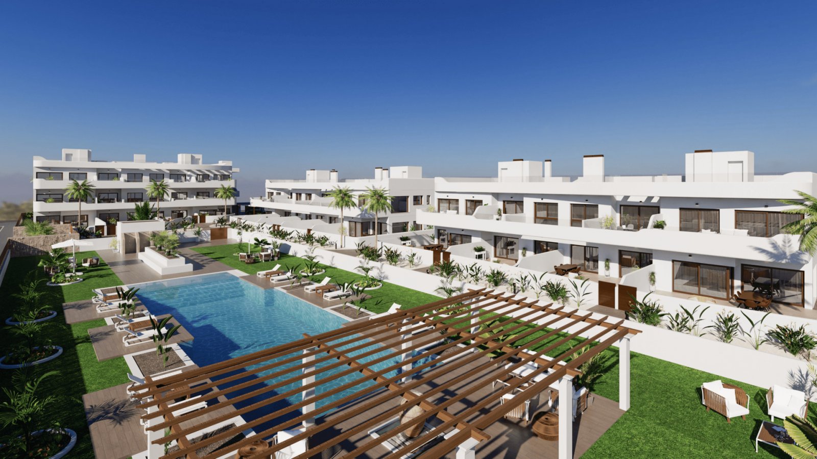 Los Alcázares: Introducing to you the new modern apartments in the city of Los Alcazares. The ground floor apartment with a modern design, with an area of 60.20 sq.m 