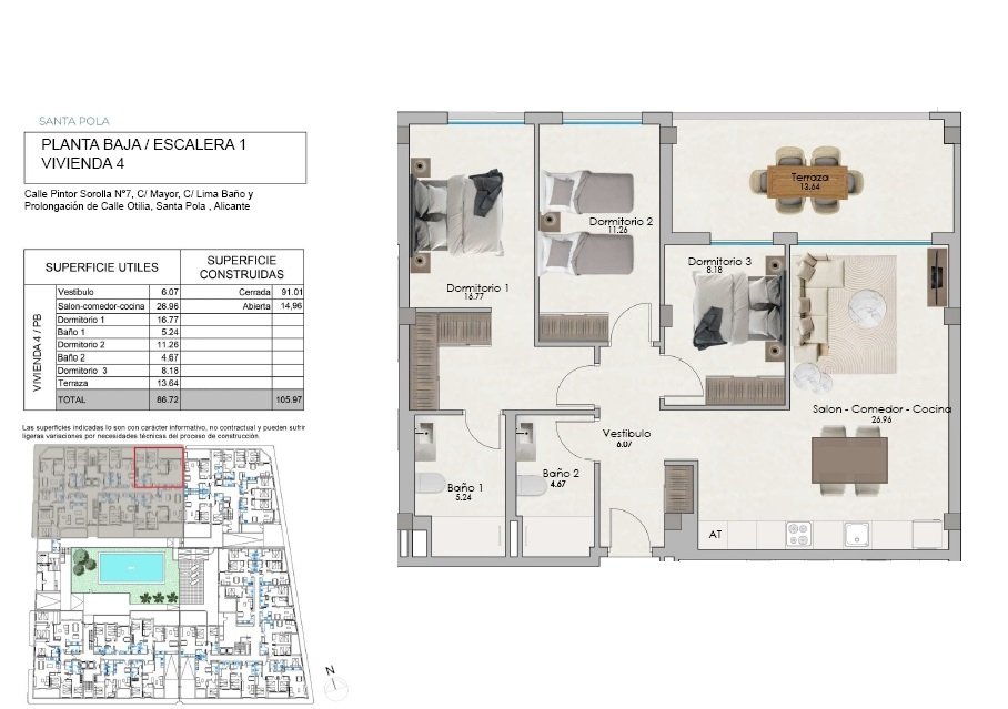 Santa Pola: We present new apartments on the ground floor in the city of Santa Pola.The apartment, with an area of 105.97 sq. m., has three bedrooms, two bathroom 