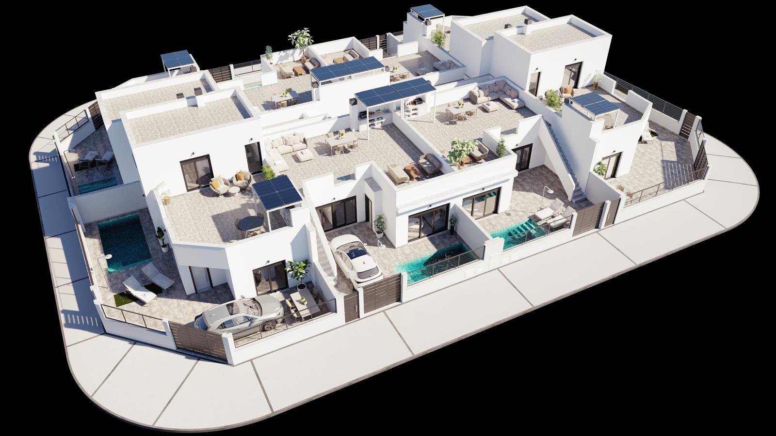 roldan:  Complex of 8 villas in Roldan (Murcia) with 2 bedrooms and 2/2.5 bathrooms from 76.40 m2, and a total area from 135.47 m2. Private pool from 11 m2 wi 