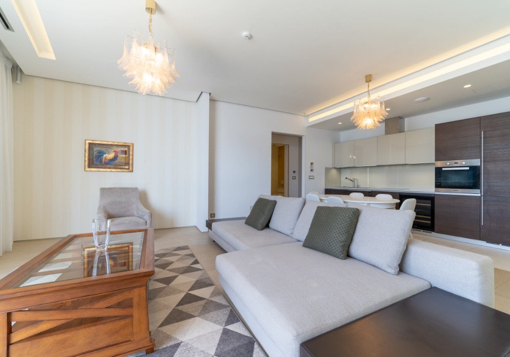 The area of the apartment is 125 square meters;
Bedrooms - 2;
Bathrooms - 2;
Spacious living room;
Kitchen area in the living room;
Terrace;