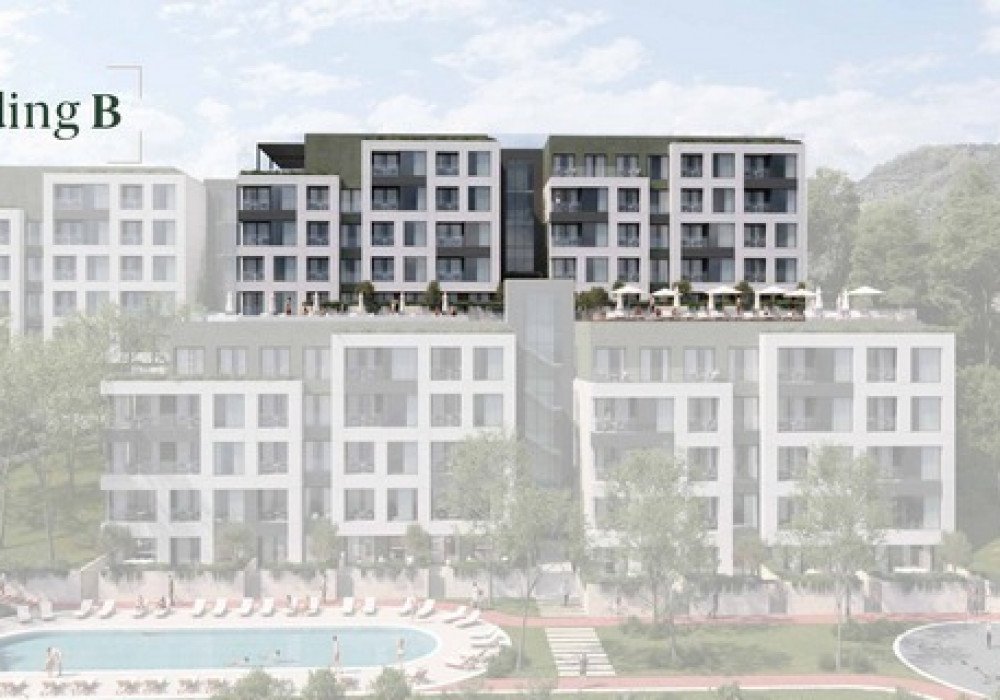 Tivat. A new multi-apartment residential complex with two outdoor pools in the immediate vicinity of the city center, surrounded by greenery and in th