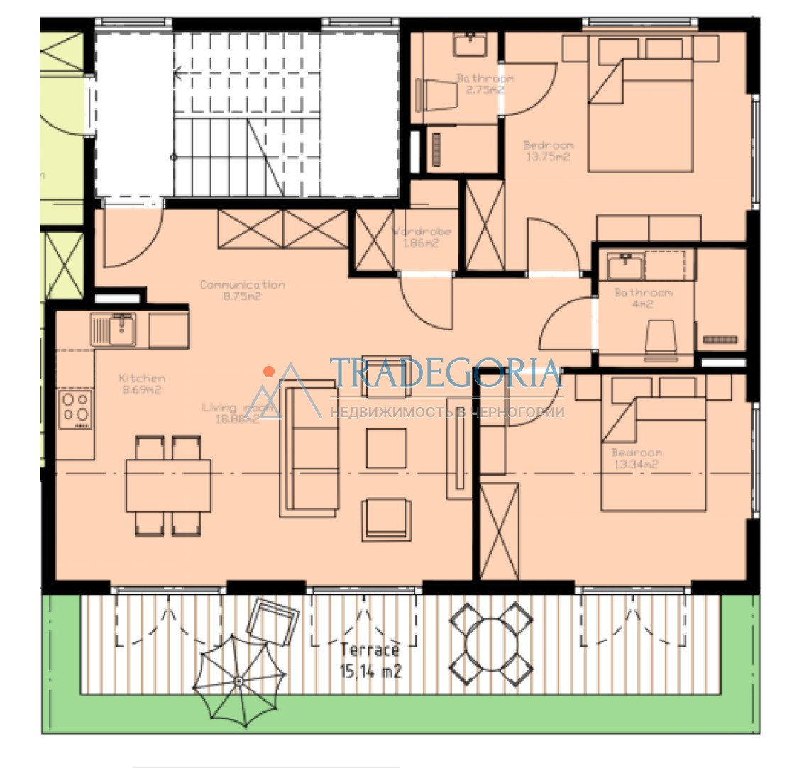 <p>• 1st floor</p><p> • Living area 66.74 m² + 15.14 m² terrace-garden</p><p> • Total area: 81.88 m²</p><h1> Key advantage: a rare layout with a priva